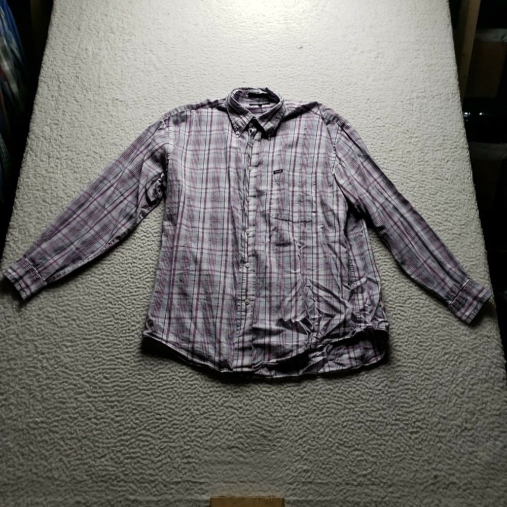 Faconnable Shirt Mens Large Purple Plaid 100% Cotton Long Sleeve Button-Down